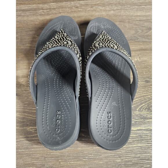 CROCS Women's Size 9 Black Embellished Monterey Diamante Wedge Flip Flop Sandals - Picture 5 of 9